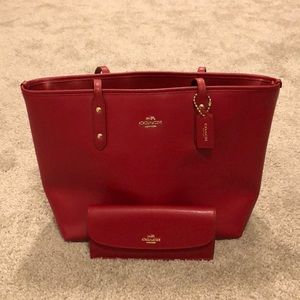 Authentic Coach red tote with matching wallet.